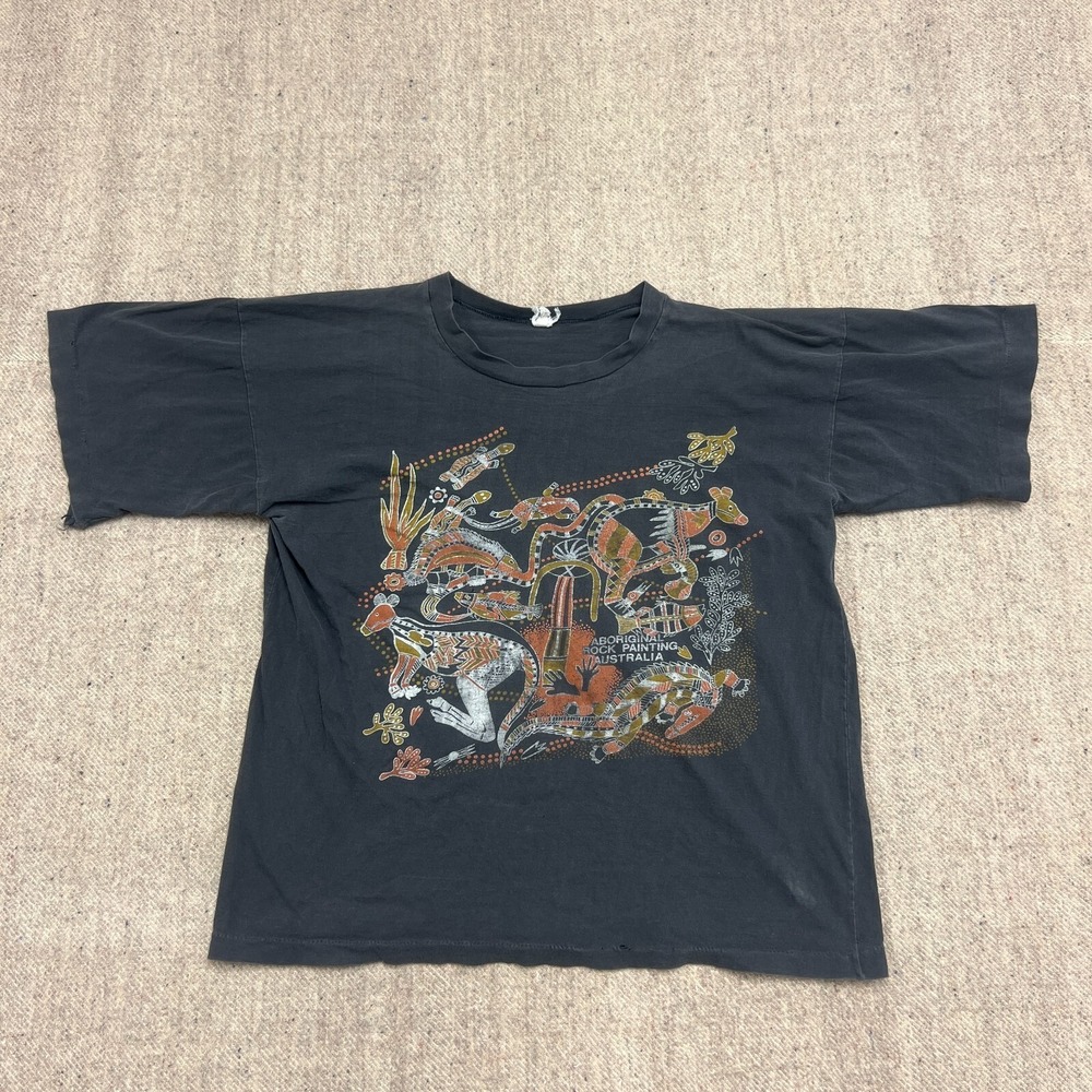 Vintage Aboriginal Rock Painting Shirt Mens Medium Black 1980s Australia